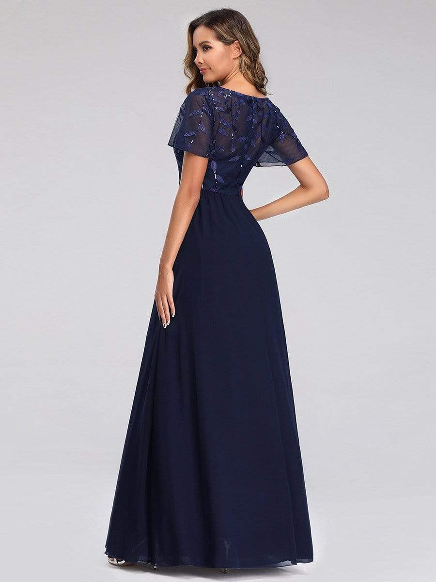 Color=Navy Blue | Short Sleeve Paillette Evening Dress-Navy Blue 2 Color=Navy Blue | Short Sleeve Paillette Evening Dress-Navy Blue 2