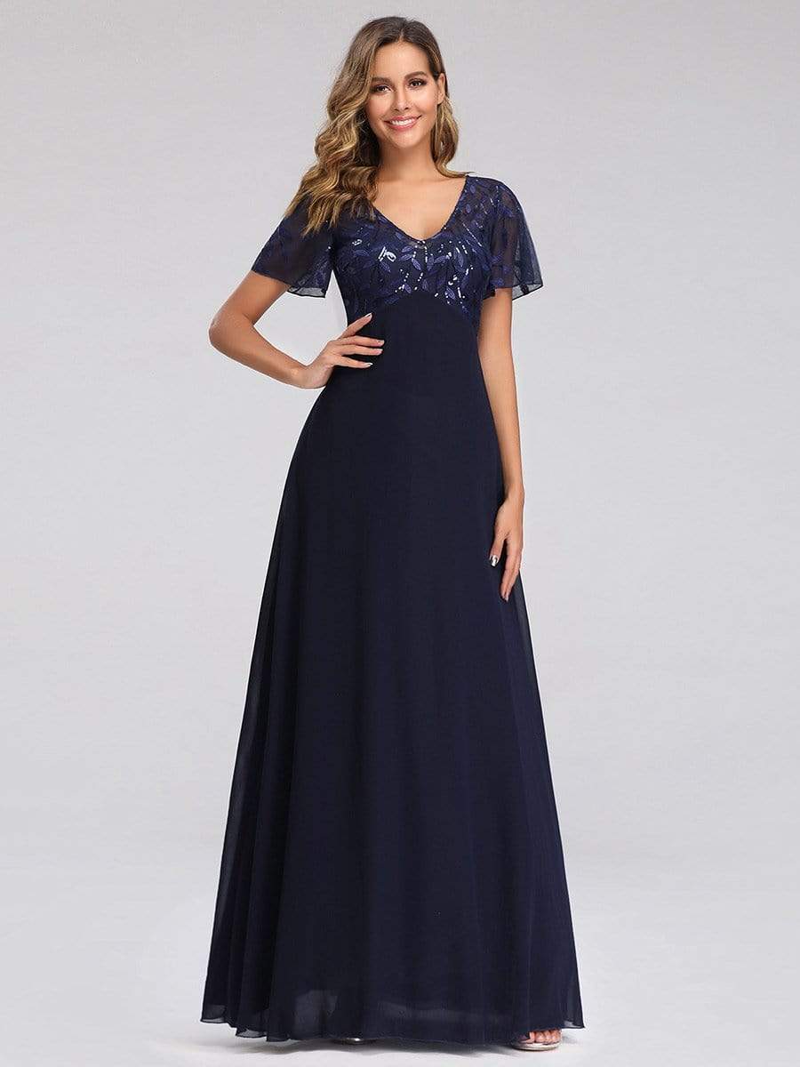 Color=Navy Blue | Short Sleeve Paillette Evening Dress-Navy Blue 3 Color=Navy Blue | Short Sleeve Paillette Evening Dress-Navy Blue 3