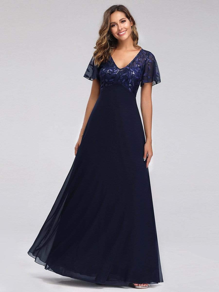 Color=Navy Blue | Short Sleeve Paillette Evening Dress-Navy Blue 1 Color=Navy Blue | Short Sleeve Paillette Evening Dress-Navy Blue 1