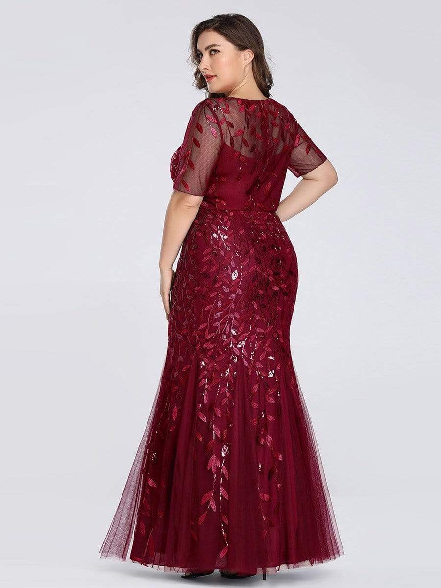 COLOR=Burgundy | Floral Sequin Print Maxi Long Plus Size Mermaid Tulle Dresses-Burgundy 4 COLOR=Burgundy | Floral Sequin Print Maxi Long Plus Size Mermaid Tulle Dresses-Burgundy 4