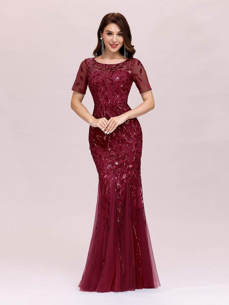 COLOR=Burgundy | Floral Sequin Print Maxi Long Fishtail Tulle Dresses With Half Sleeve-Burgundy 5 COLOR=Burgundy | Floral Sequin Print Maxi Long Fishtail Tulle Dresses With Half Sleeve-Burgundy 5