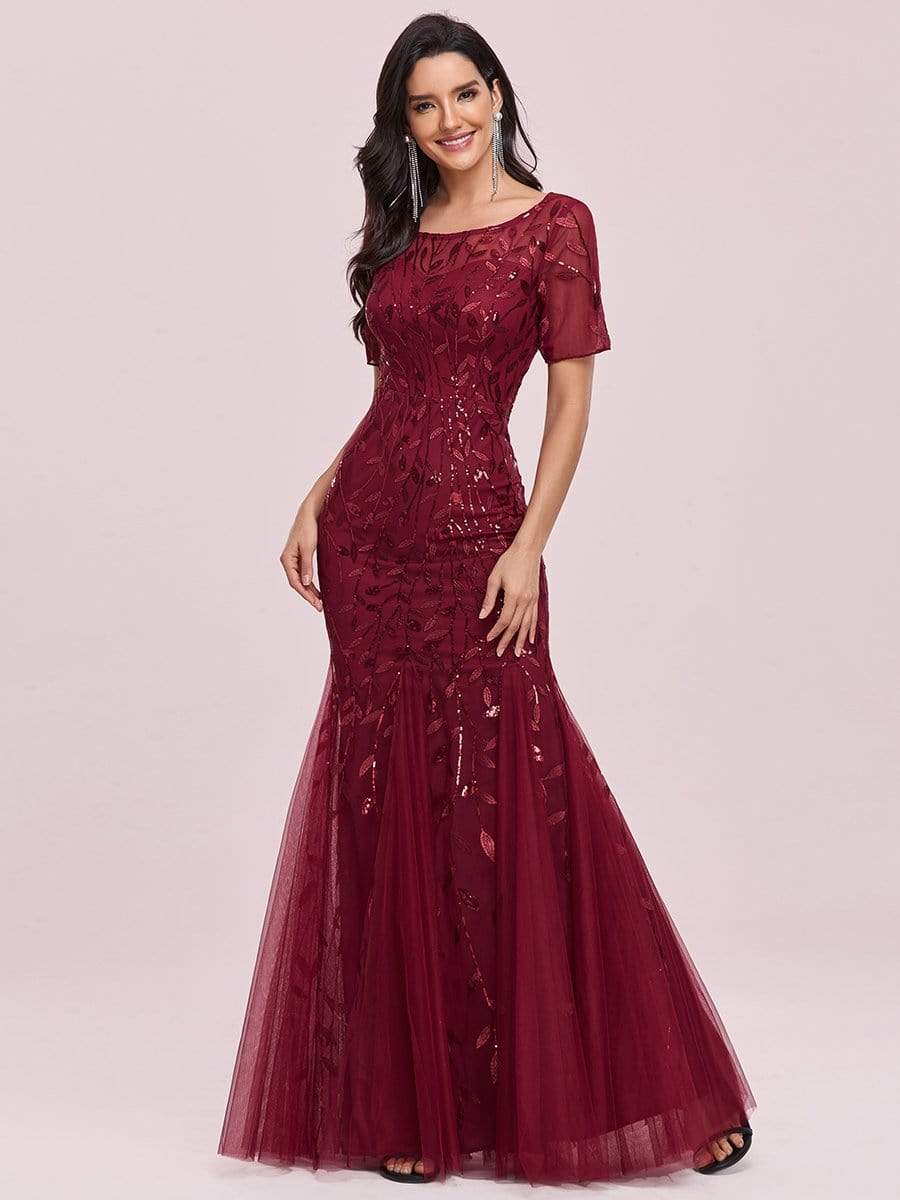 COLOR=Burgundy | Floral Sequin Print Maxi Long Fishtail Tulle Dresses With Half Sleeve-Burgundy 3 COLOR=Burgundy | Floral Sequin Print Maxi Long Fishtail Tulle Dresses With Half Sleeve-Burgundy 3
