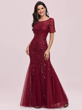 COLOR=Burgundy | Floral Sequin Print Maxi Long Fishtail Tulle Dresses With Half Sleeve-Burgundy 3