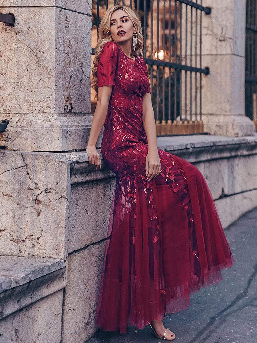 COLOR=Burgundy | Floral Sequin Print Maxi Long Fishtail Tulle Dresses With Half Sleeve-Burgundy 1 COLOR=Burgundy | Floral Sequin Print Maxi Long Fishtail Tulle Dresses With Half Sleeve-Burgundy 1