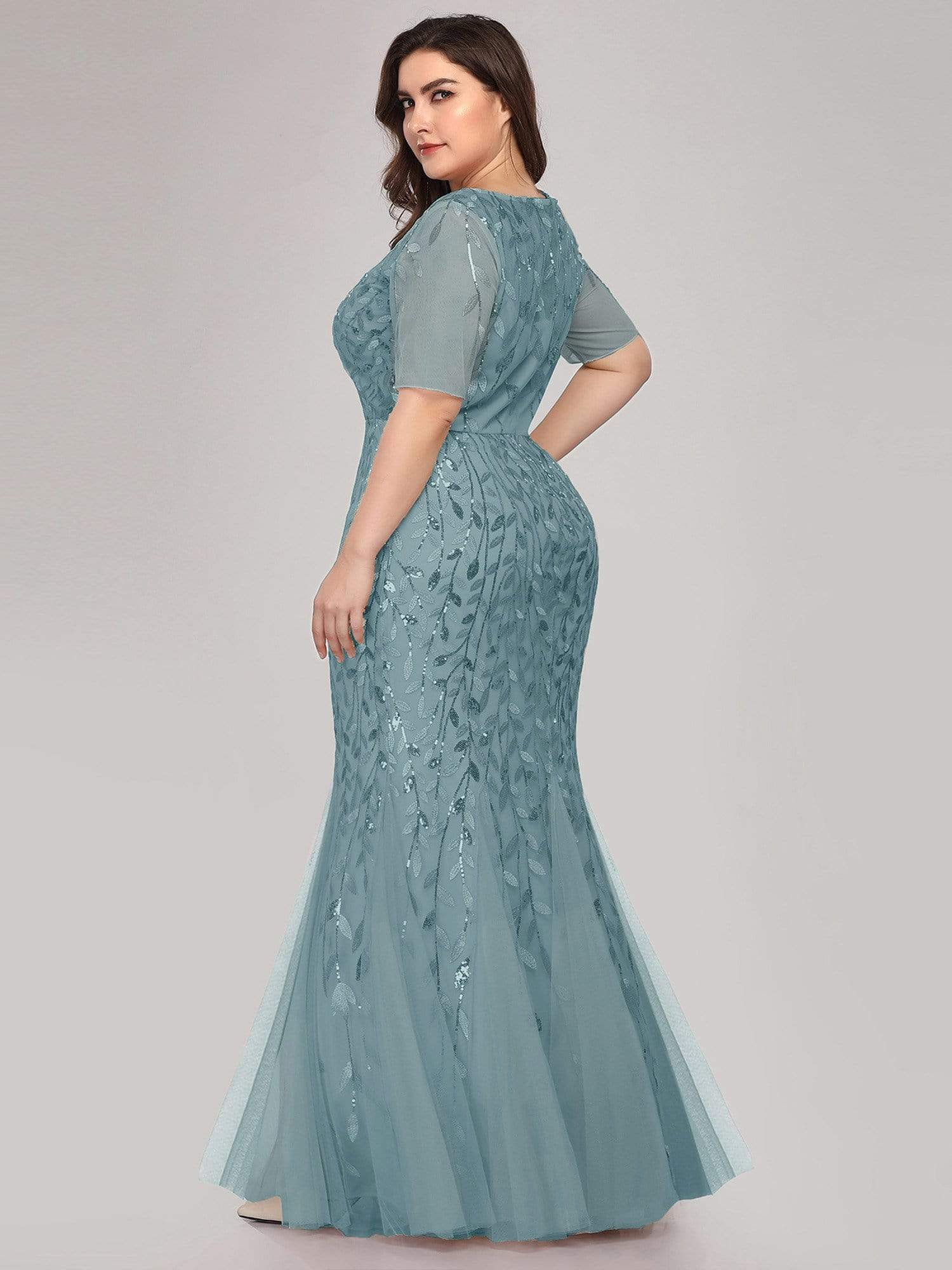COLOR=Dusty Blue | Floral Sequin Print Maxi Long Plus Size Mermaid Tulle Dresses-Dusty Blue 2