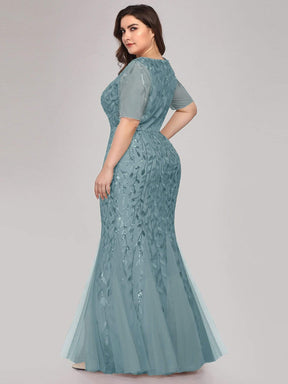 COLOR=Dusty Blue | Floral Sequin Print Maxi Long Plus Size Mermaid Tulle Dresses-Dusty Blue 2