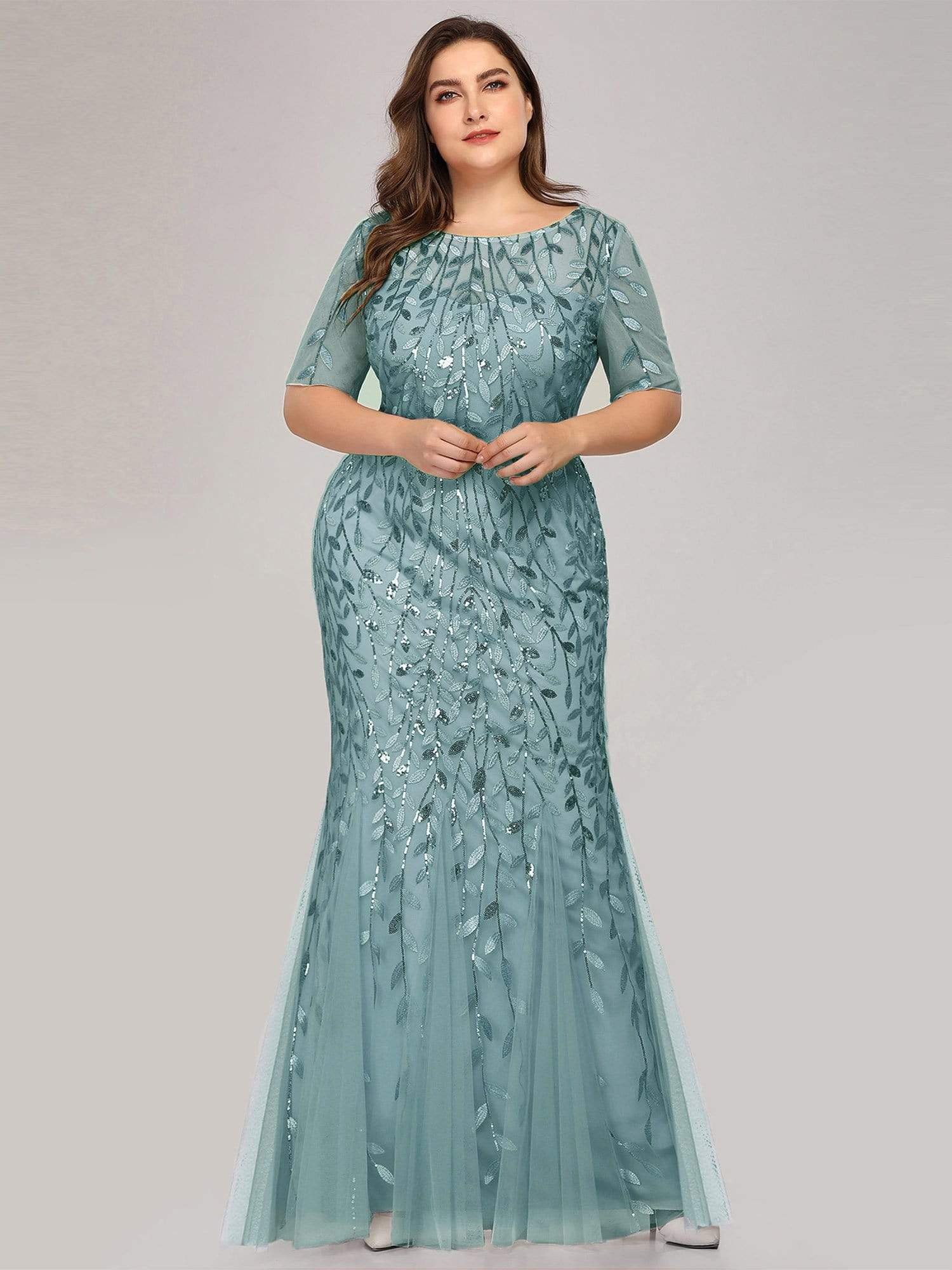 COLOR=Dusty Blue | Floral Sequin Print Maxi Long Plus Size Mermaid Tulle Dresses-Dusty Blue 3 COLOR=Dusty Blue | Floral Sequin Print Maxi Long Plus Size Mermaid Tulle Dresses-Dusty Blue 3