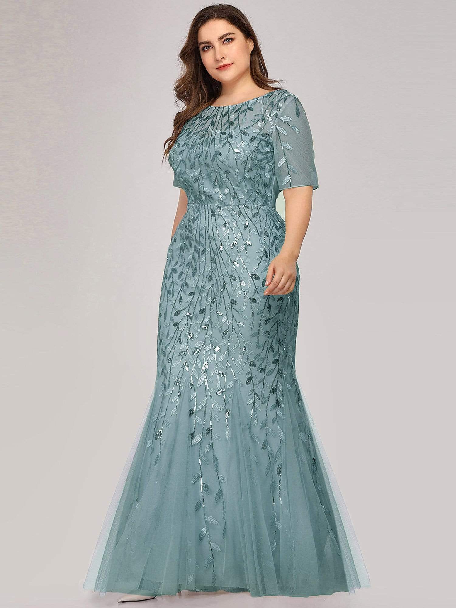 COLOR=Dusty Blue | Floral Sequin Print Maxi Long Plus Size Mermaid Tulle Dresses-Dusty Blue 4 COLOR=Dusty Blue | Floral Sequin Print Maxi Long Plus Size Mermaid Tulle Dresses-Dusty Blue 4