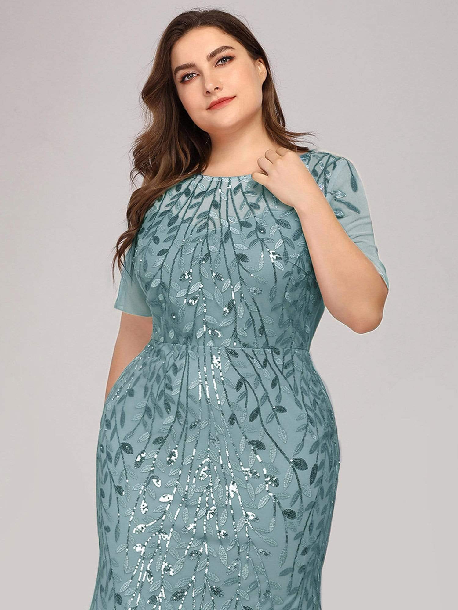 COLOR=Dusty Blue | Floral Sequin Print Maxi Long Plus Size Mermaid Tulle Dresses-Dusty Blue 5 COLOR=Dusty Blue | Floral Sequin Print Maxi Long Plus Size Mermaid Tulle Dresses-Dusty Blue 5