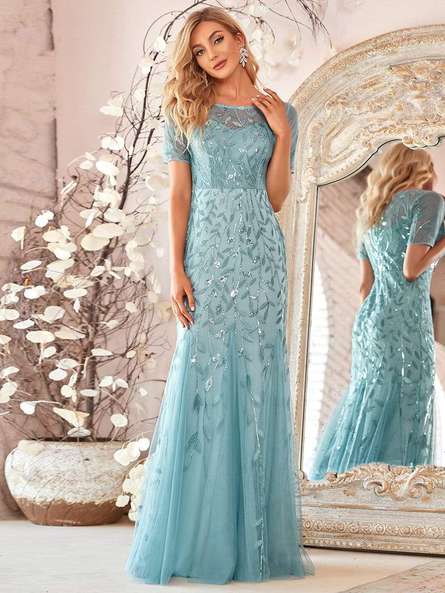 COLOR=Dusty Blue | Floral Sequin Print Maxi Long Fishtail Tulle Dresses With Half Sleeve-Dusty Blue 1 COLOR=Dusty Blue | Floral Sequin Print Maxi Long Fishtail Tulle Dresses With Half Sleeve-Dusty Blue 1