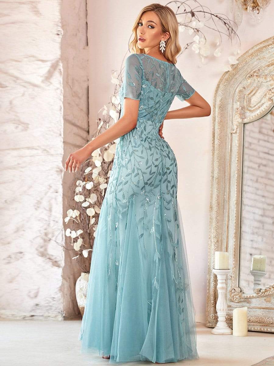 COLOR=Dusty Blue | Floral Sequin Print Maxi Long Fishtail Tulle Dresses With Half Sleeve-Dusty Blue 2 COLOR=Dusty Blue | Floral Sequin Print Maxi Long Fishtail Tulle Dresses With Half Sleeve-Dusty Blue 2