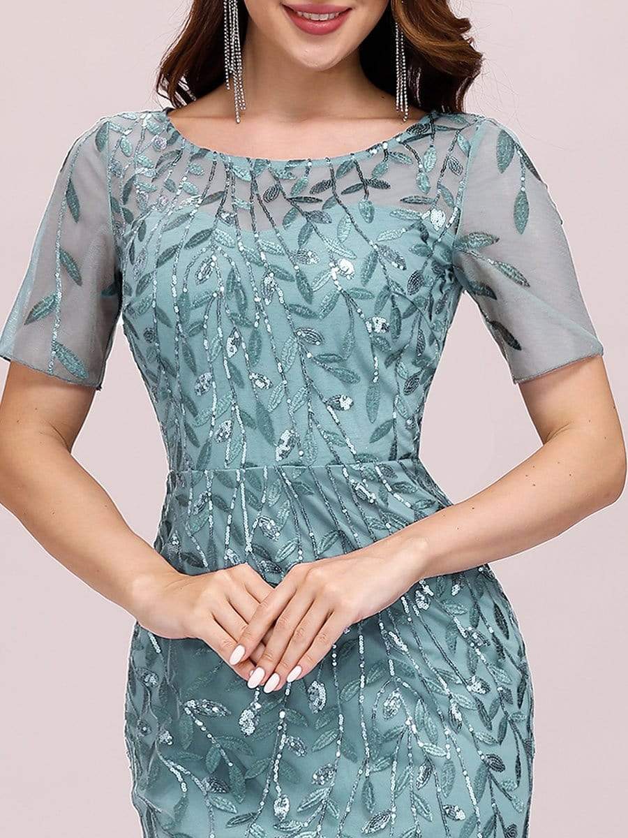 COLOR=Dusty Blue | Floral Sequin Print Maxi Long Fishtail Tulle Dresses With Half Sleeve-Dusty Blue 5 COLOR=Dusty Blue | Floral Sequin Print Maxi Long Fishtail Tulle Dresses With Half Sleeve-Dusty Blue 5