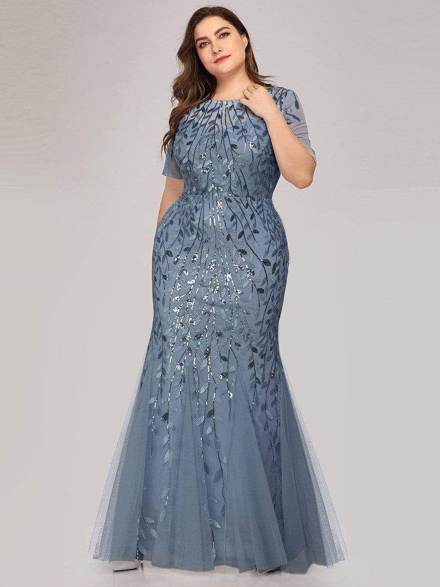 COLOR=Dusty Navy | Floral Sequin Print Maxi Long Fishtail Tulle Dresses With Half Sleeve-Dusty Navy 6 COLOR=Dusty Navy | Floral Sequin Print Maxi Long Fishtail Tulle Dresses With Half Sleeve-Dusty Navy 6