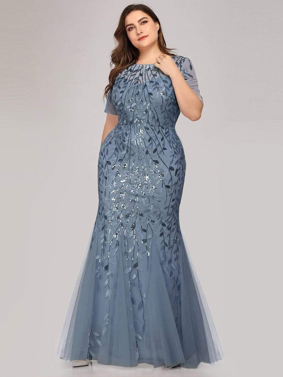 COLOR=Dusty Navy | Floral Sequin Print Maxi Long Plus Size Mermaid Tulle Dresses-Dusty Navy 3
