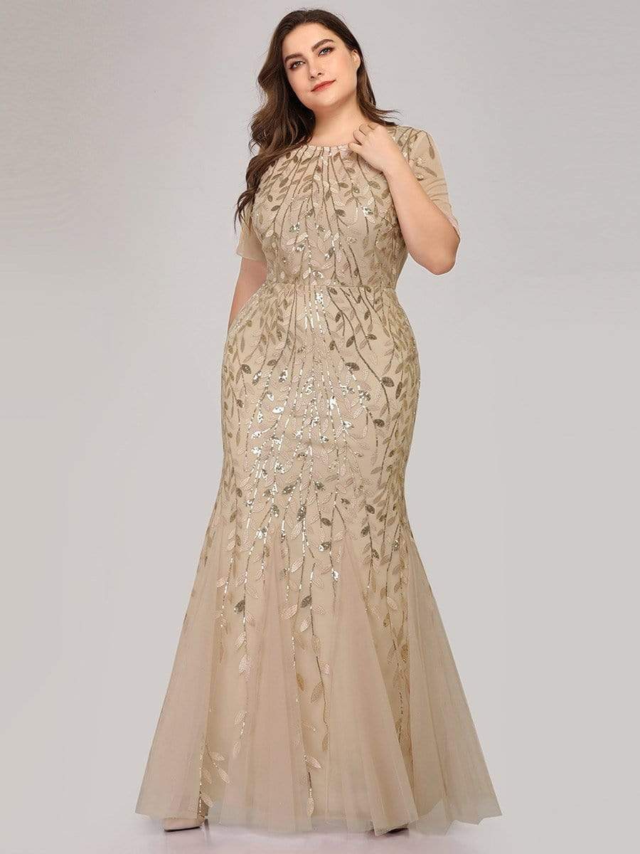 COLOR=Gold | Floral Sequin Print Maxi Long Fishtail Tulle Dresses With Half Sleeve-Gold 9
