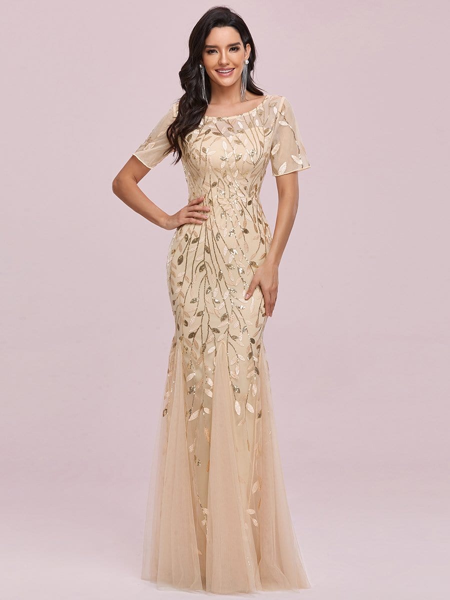 COLOR=Gold | Floral Sequin Print Maxi Long Fishtail Tulle Dresses With Half Sleeve-Gold 4 COLOR=Gold | Floral Sequin Print Maxi Long Fishtail Tulle Dresses With Half Sleeve-Gold 4