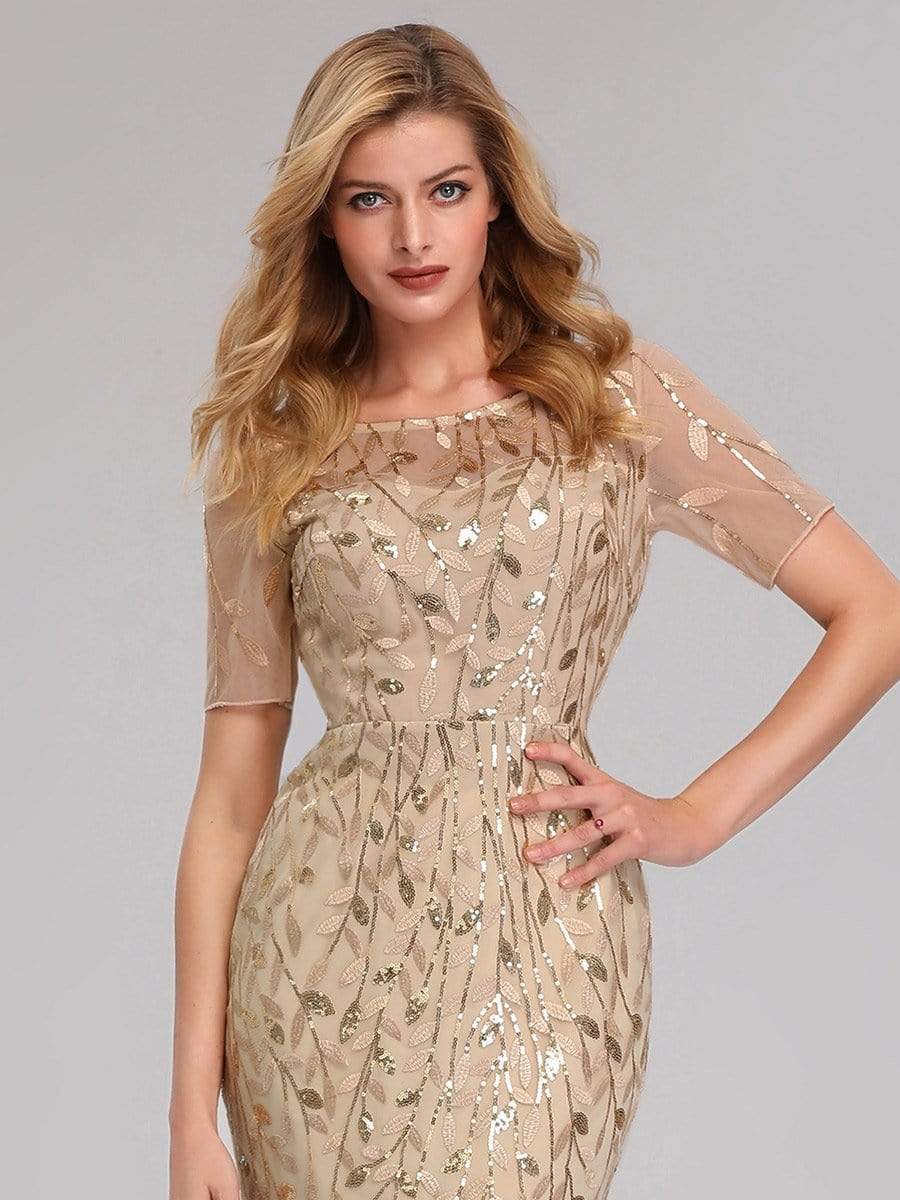 COLOR=Gold | Floral Sequin Print Maxi Long Fishtail Tulle Dresses With Half Sleeve-Gold 8 COLOR=Gold | Floral Sequin Print Maxi Long Fishtail Tulle Dresses With Half Sleeve-Gold 8