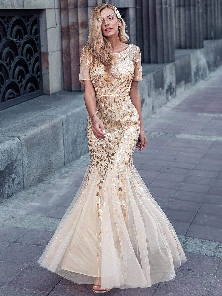 COLOR=Gold | Floral Sequin Print Maxi Long Fishtail Tulle Dresses With Half Sleeve-Gold 1