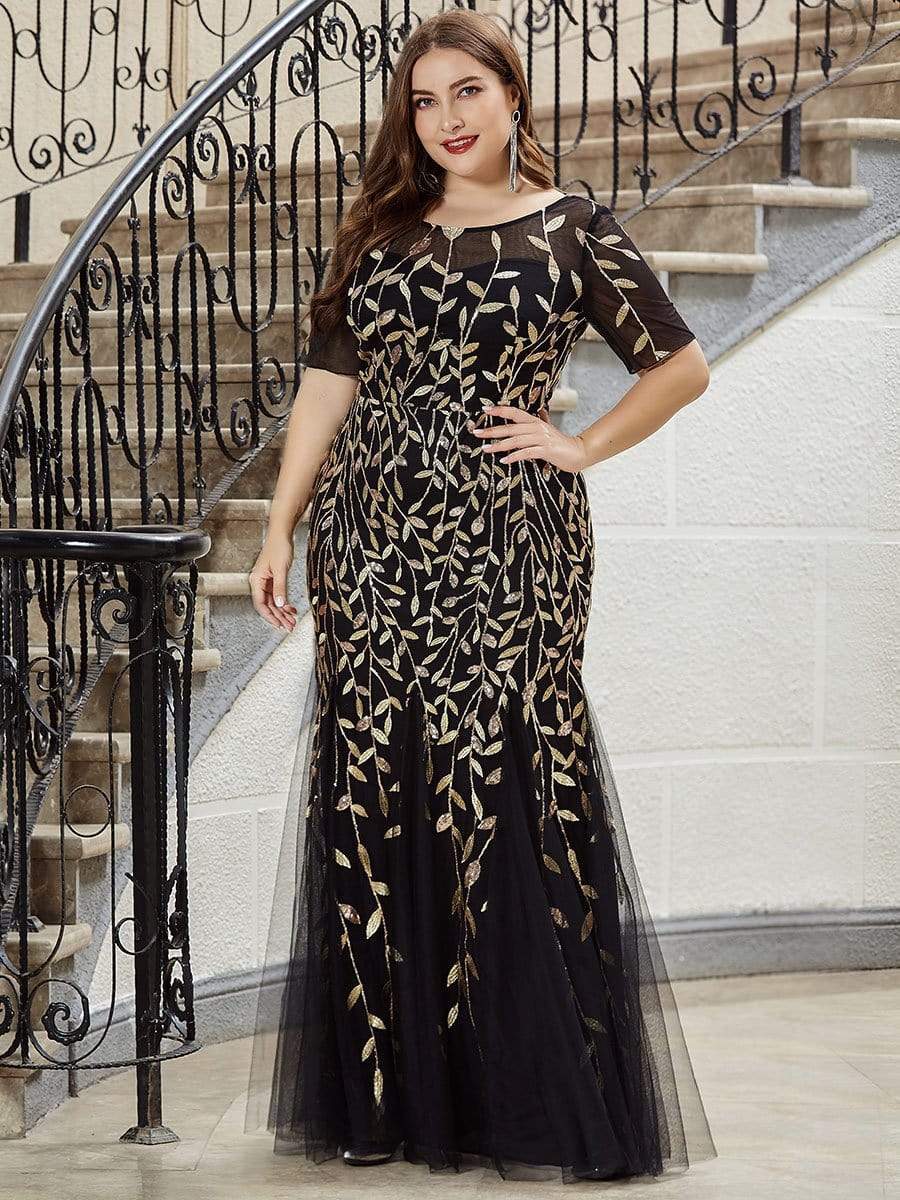 COLOR=Black & Gold | Floral Sequin Print Maxi Long Plus Size Mermaid Tulle Dresses-Black & Gold 3 COLOR=Black & Gold | Floral Sequin Print Maxi Long Plus Size Mermaid Tulle Dresses-Black & Gold 3