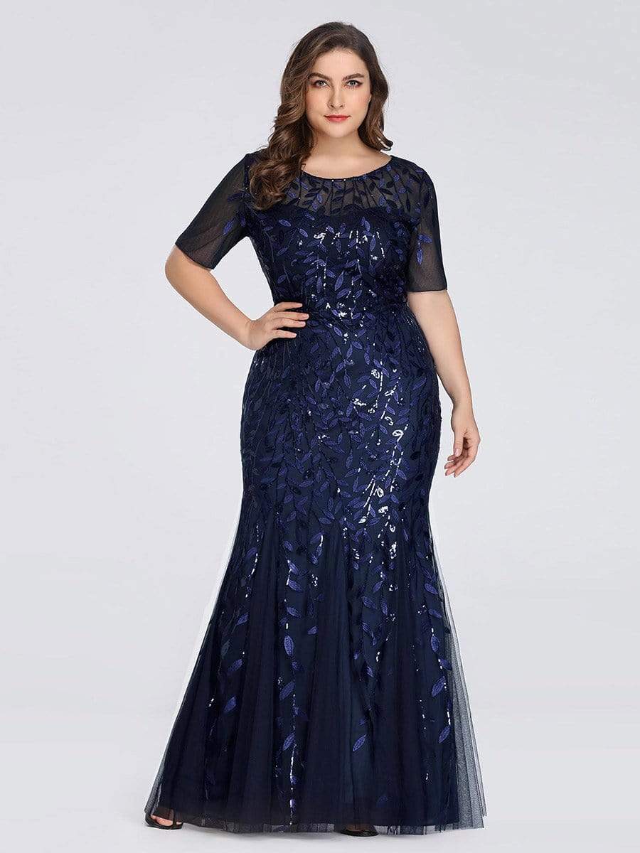 COLOR=Navy Blue | Floral Sequin Print Maxi Long Fishtail Tulle Dresses With Half Sleeve-Navy Blue 6 COLOR=Navy Blue | Floral Sequin Print Maxi Long Fishtail Tulle Dresses With Half Sleeve-Navy Blue 6