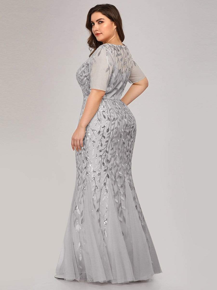COLOR=Silver | Floral Sequin Print Maxi Long Plus Size Mermaid Tulle Dresses-Silver 2 COLOR=Silver | Floral Sequin Print Maxi Long Plus Size Mermaid Tulle Dresses-Silver 2