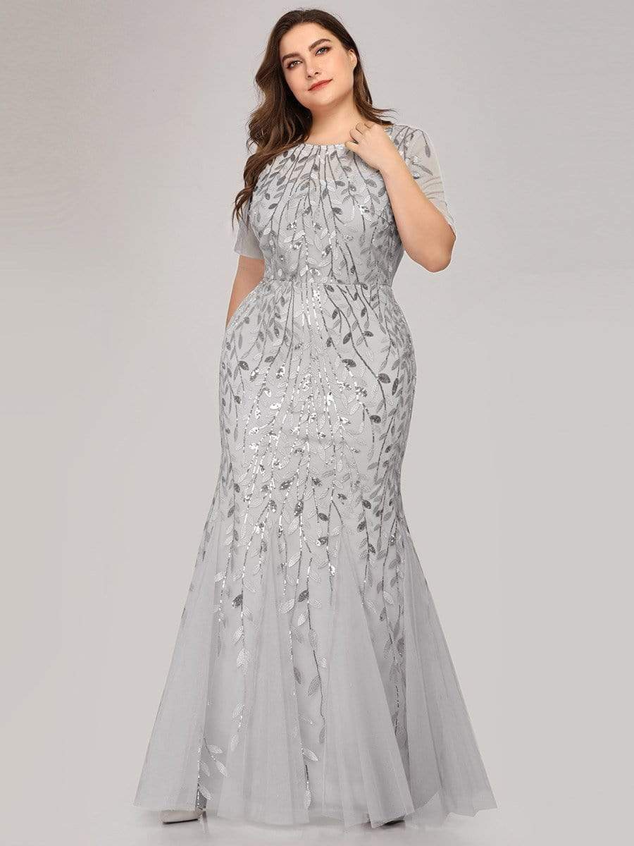 COLOR=Silver | Floral Sequin Print Maxi Long Plus Size Mermaid Tulle Dresses-Silver 1 COLOR=Silver | Floral Sequin Print Maxi Long Plus Size Mermaid Tulle Dresses-Silver 1
