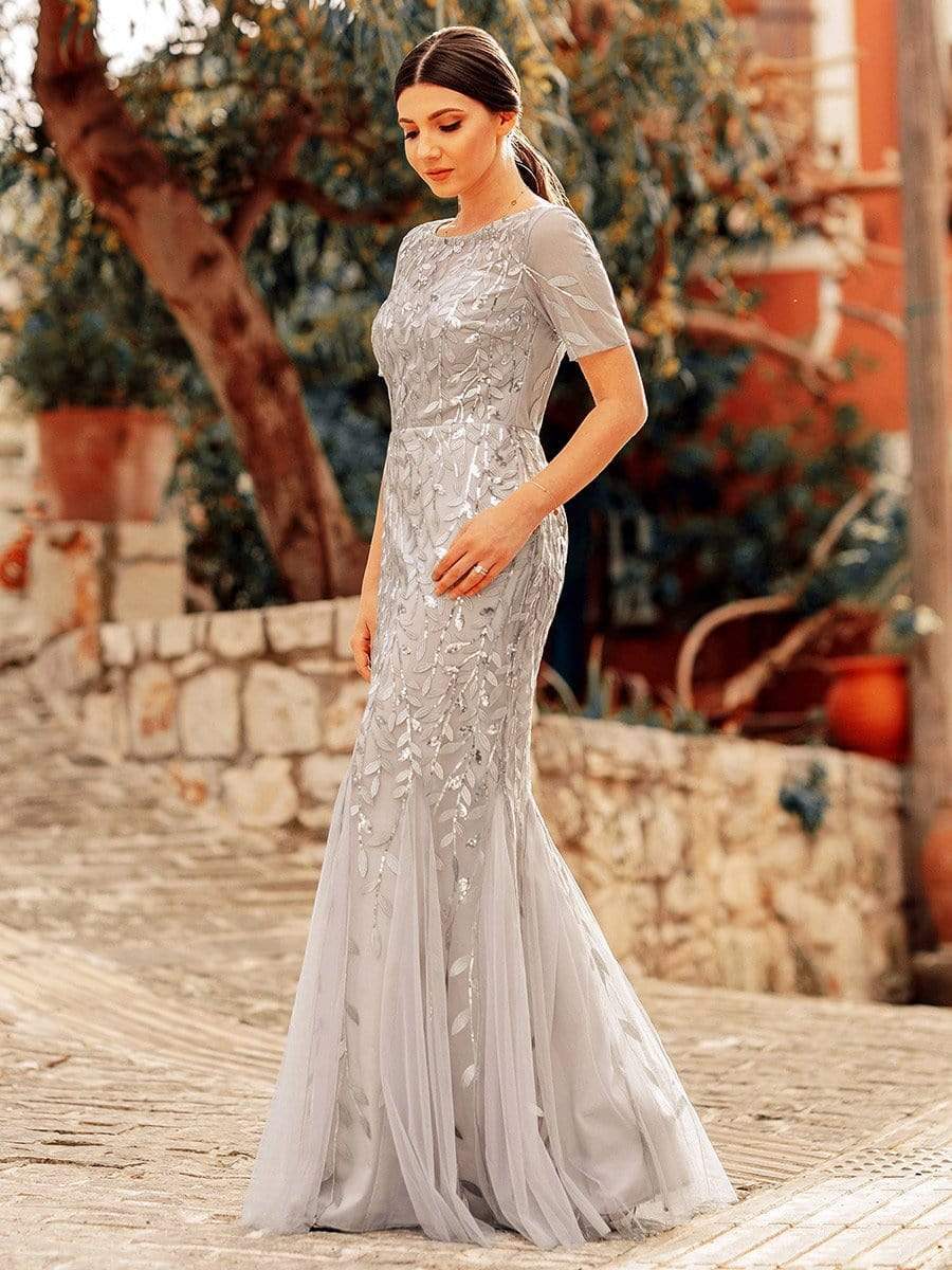 COLOR=Silver | Floral Sequin Print Maxi Long Fishtail Tulle Dresses With Half Sleeve-Silver 2 COLOR=Silver | Floral Sequin Print Maxi Long Fishtail Tulle Dresses With Half Sleeve-Silver 2