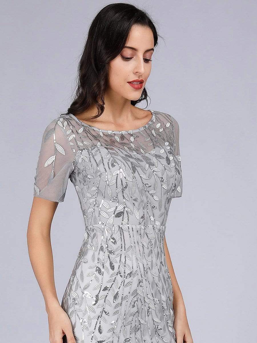 COLOR=Silver | Floral Sequin Print Maxi Long Fishtail Tulle Dresses With Half Sleeve-Silver 5 COLOR=Silver | Floral Sequin Print Maxi Long Fishtail Tulle Dresses With Half Sleeve-Silver 5