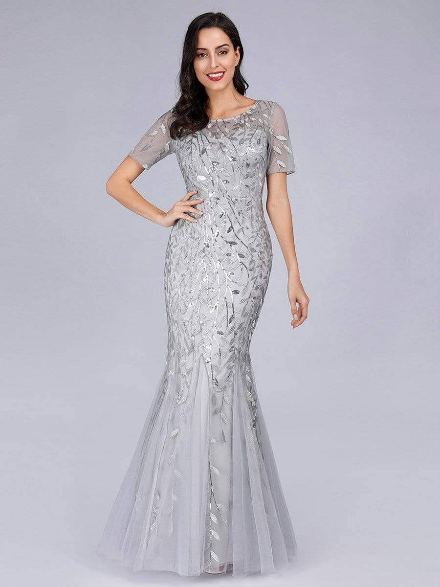 COLOR=Silver | Floral Sequin Print Maxi Long Fishtail Tulle Dresses With Half Sleeve-Silver 3