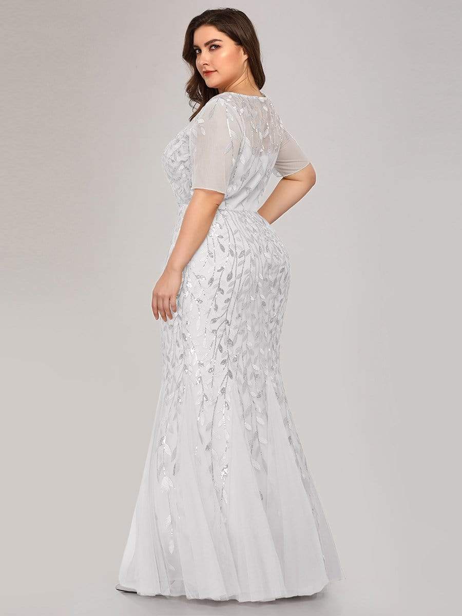 COLOR=White | Floral Sequin Print Maxi Long Fishtail Tulle Dresses With Half Sleeve-White 7
