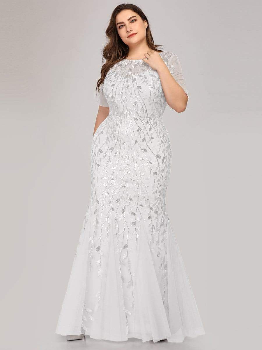 COLOR=White | Floral Sequin Print Maxi Long Plus Size Mermaid Tulle Dresses-White 1 COLOR=White | Floral Sequin Print Maxi Long Plus Size Mermaid Tulle Dresses-White 1