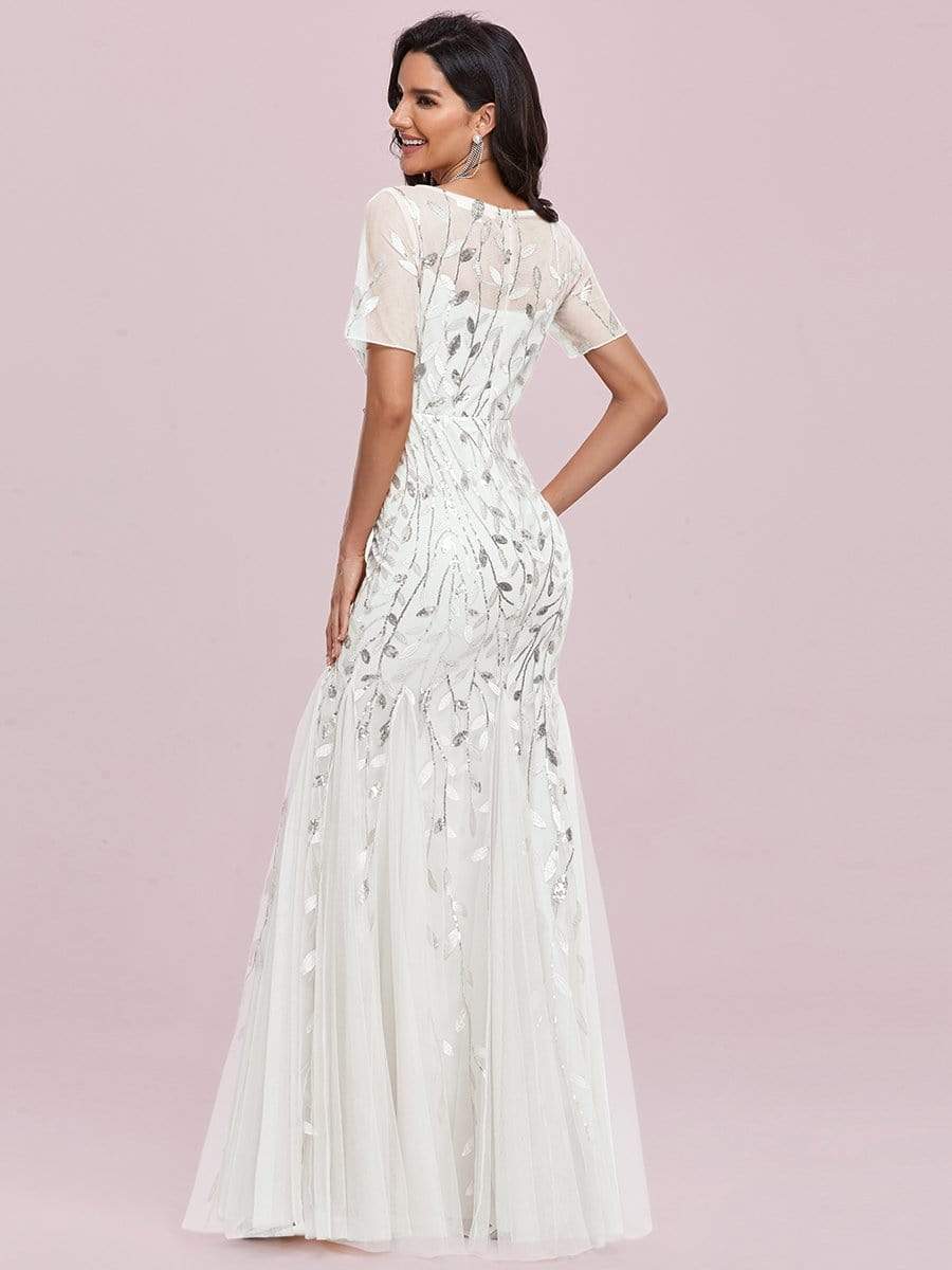 COLOR=White | Floral Sequin Print Maxi Long Fishtail Tulle Dresses With Half Sleeve-White 2 COLOR=White | Floral Sequin Print Maxi Long Fishtail Tulle Dresses With Half Sleeve-White 2