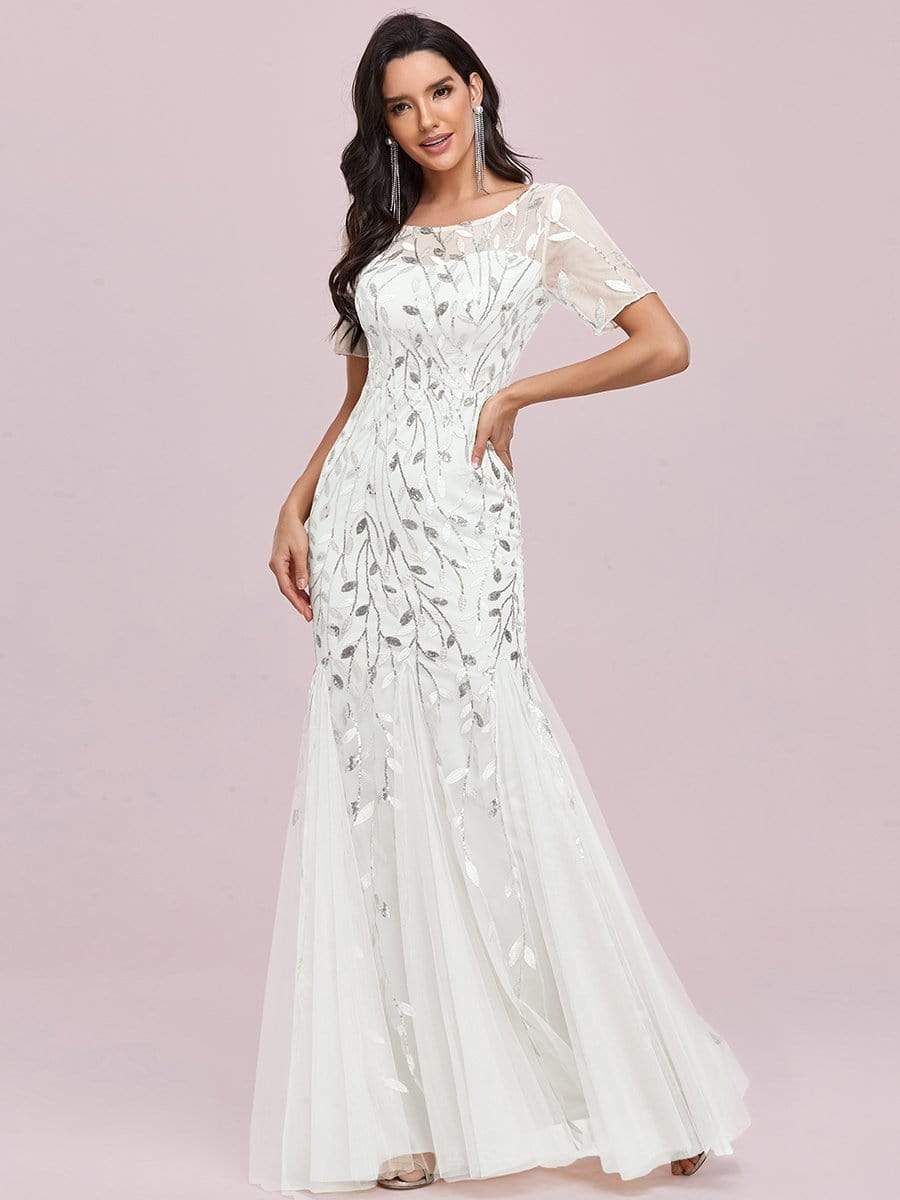COLOR=White | Floral Sequin Print Maxi Long Fishtail Tulle Dresses With Half Sleeve-White 1 COLOR=White | Floral Sequin Print Maxi Long Fishtail Tulle Dresses With Half Sleeve-White 1