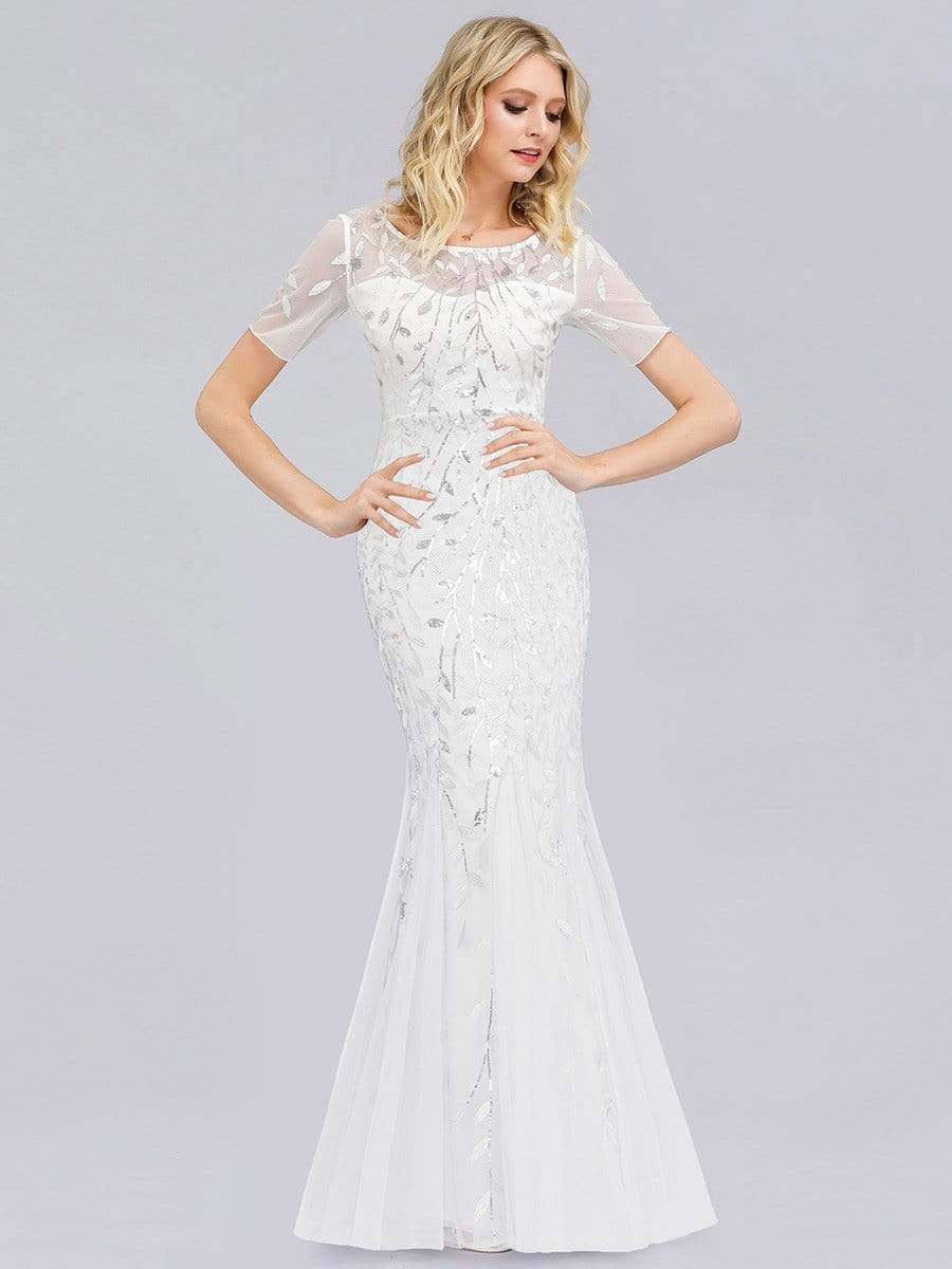 COLOR=White | Floral Sequin Print Maxi Long Fishtail Tulle Dresses With Half Sleeve-White 3