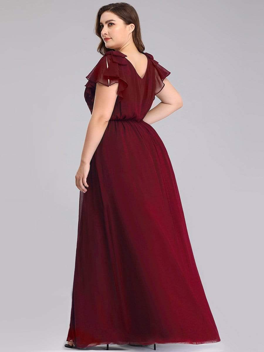 Color=Burgundy | Plus Size Ruffles Sleeves Evening Dress-Burgundy 2 Color=Burgundy | Plus Size Ruffles Sleeves Evening Dress-Burgundy 2