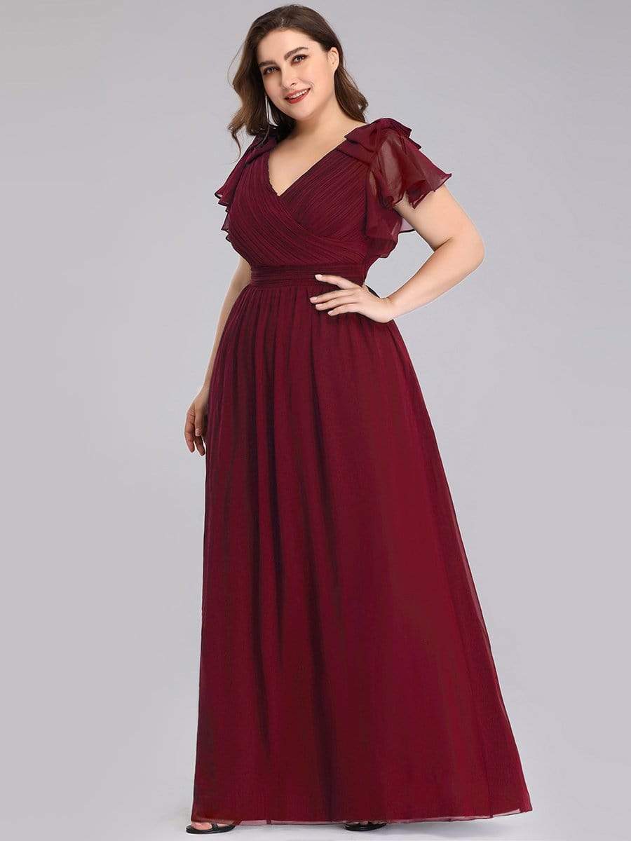 Color=Burgundy | Plus Size Ruffles Sleeves Evening Dress-Burgundy 3 Color=Burgundy | Plus Size Ruffles Sleeves Evening Dress-Burgundy 3