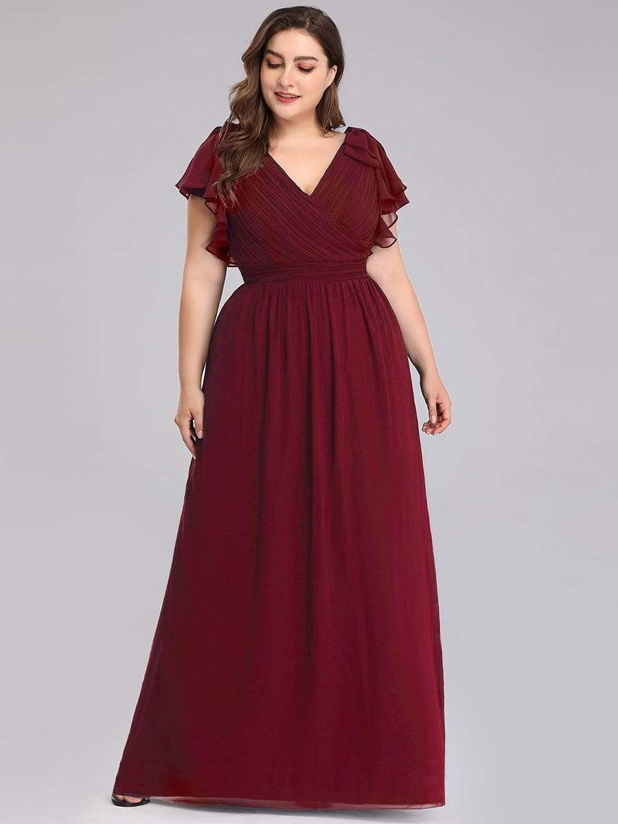 Color=Burgundy | Plus Size Ruffles Sleeves Evening Dress-Burgundy 4 Color=Burgundy | Plus Size Ruffles Sleeves Evening Dress-Burgundy 4