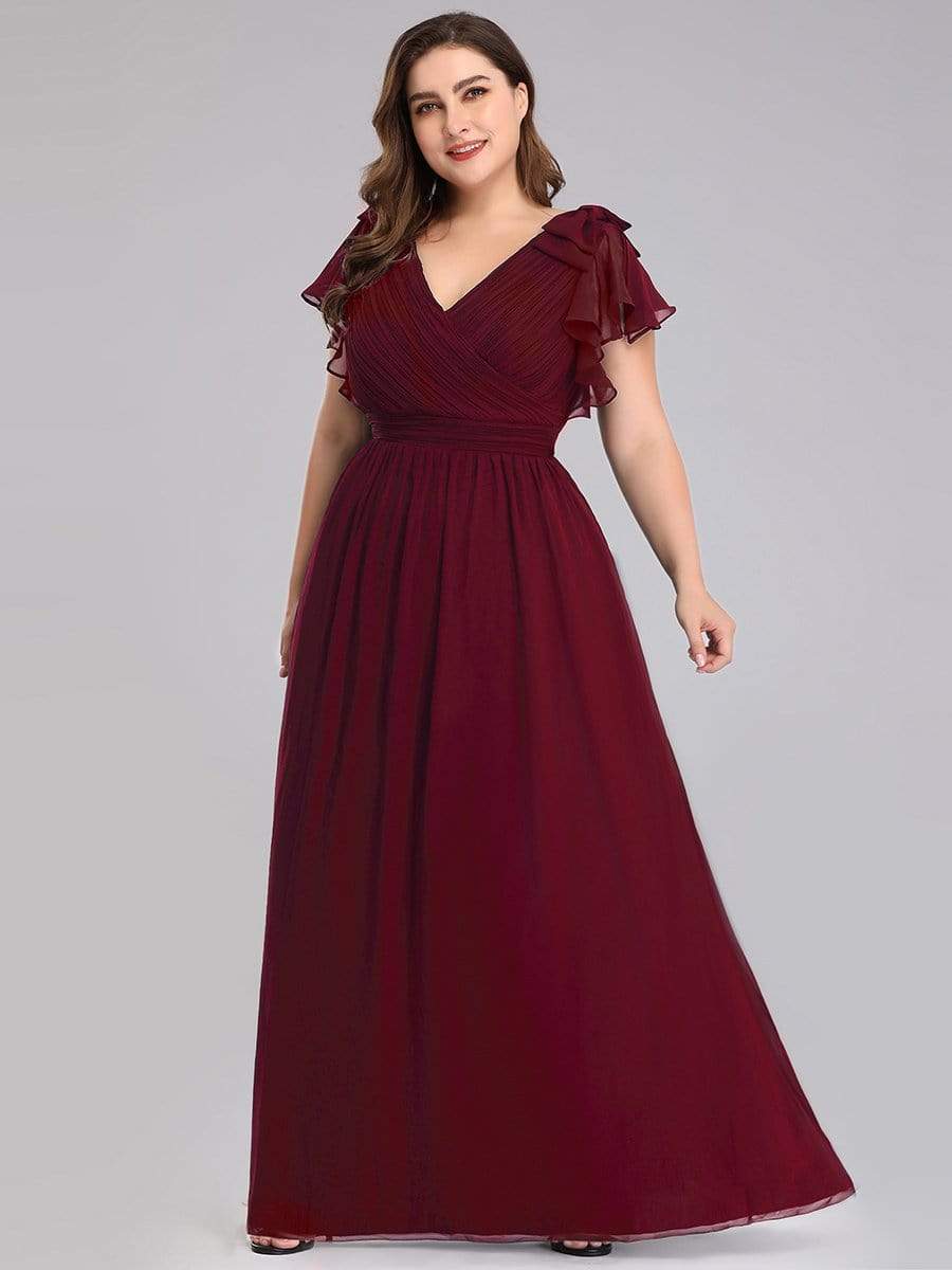 Color=Burgundy | Plus Size Ruffles Sleeves Evening Dress-Burgundy 1 Color=Burgundy | Plus Size Ruffles Sleeves Evening Dress-Burgundy 1