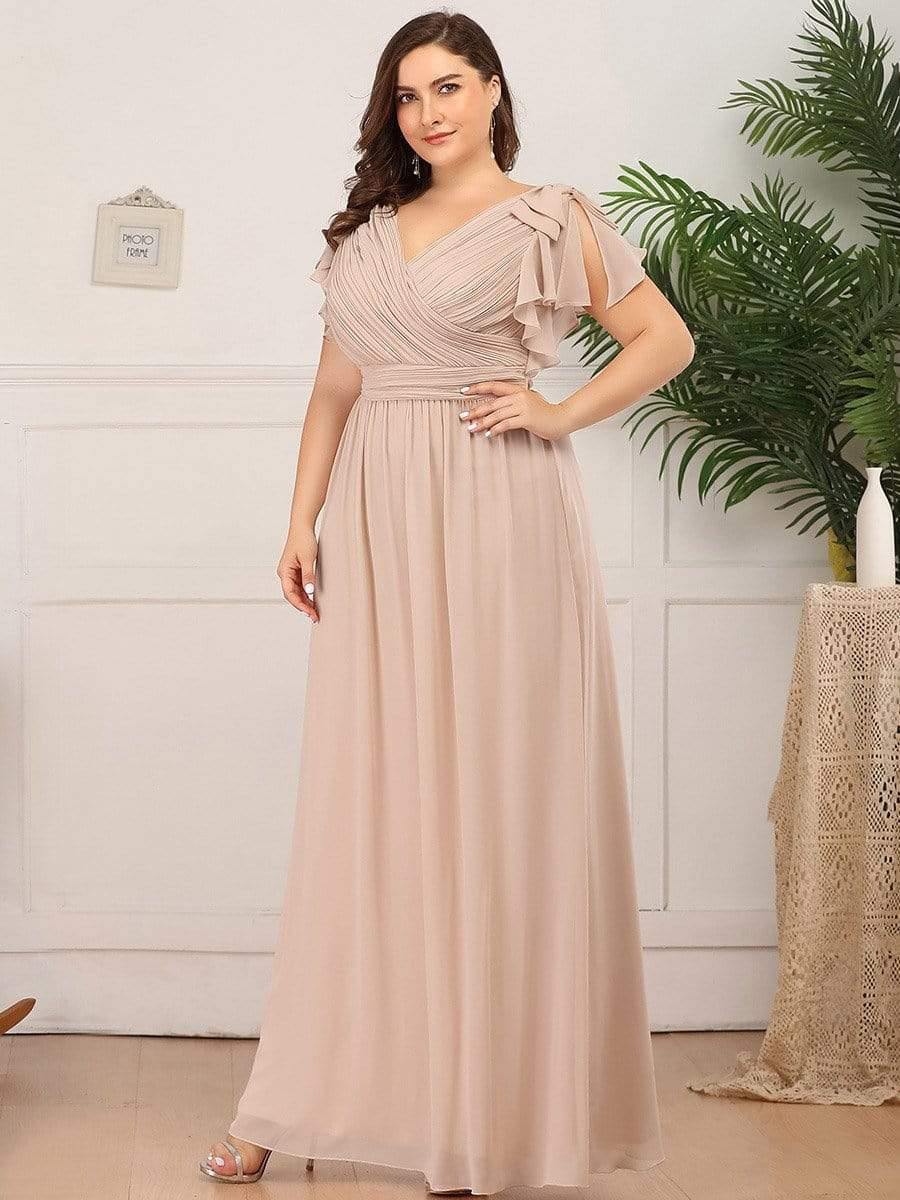 Color=Blush | Plus Size Ruffles Sleeves Evening Dress-Blush 3 Color=Blush | Plus Size Ruffles Sleeves Evening Dress-Blush 3