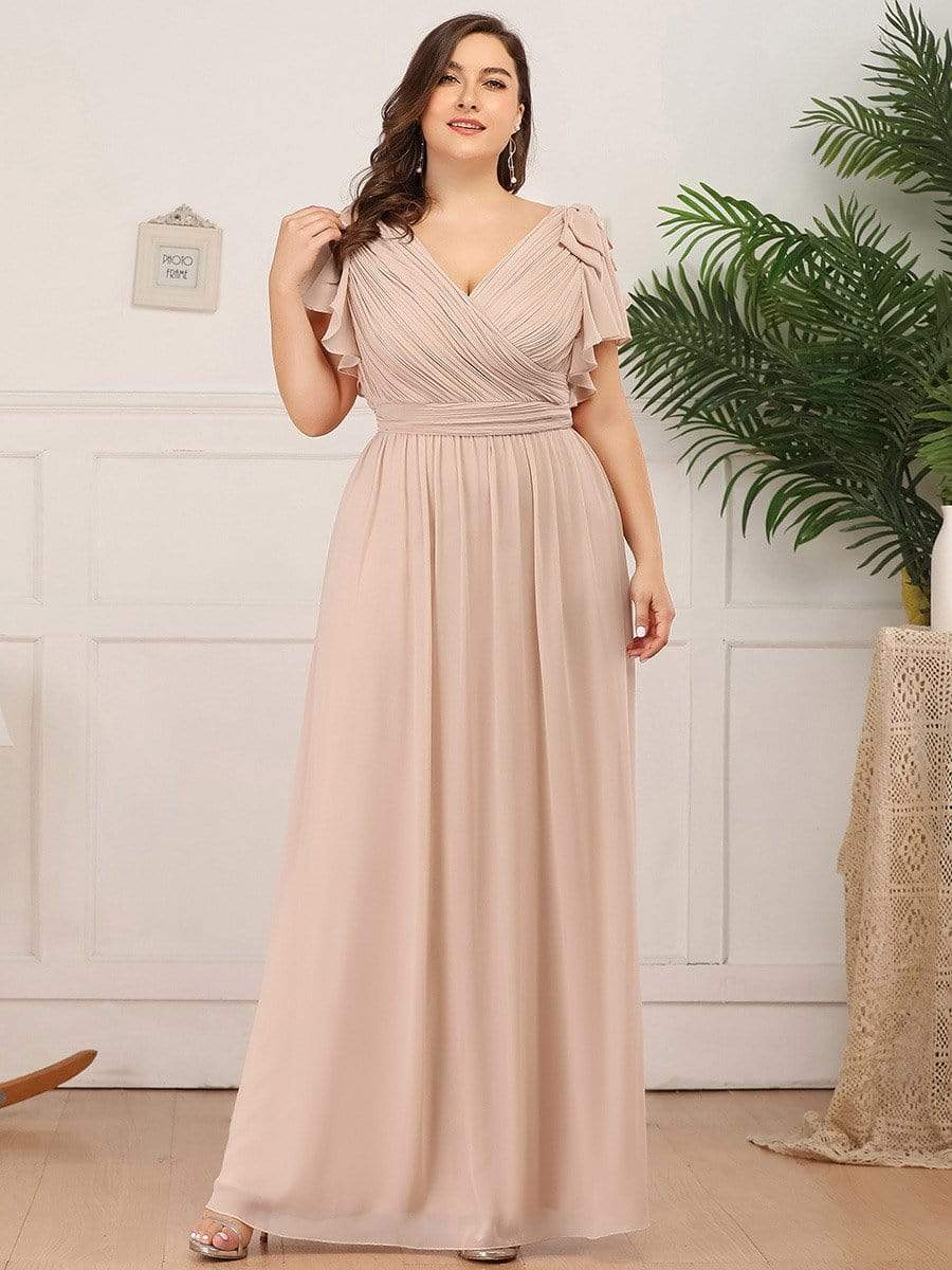 Color=Blush | Plus Size Ruffles Sleeves Evening Dress-Blush 4 Color=Blush | Plus Size Ruffles Sleeves Evening Dress-Blush 4