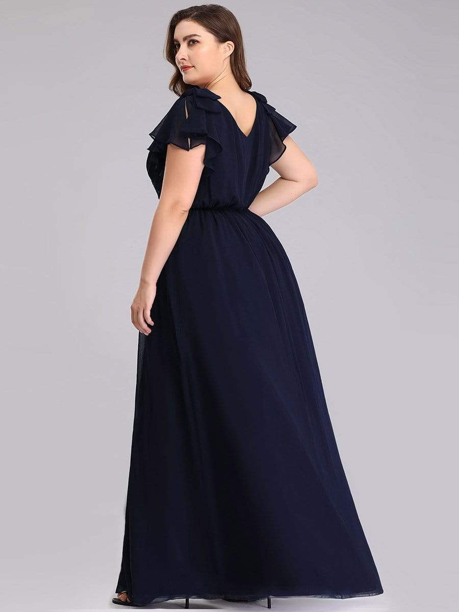 Color=Navy Blue | Plus Size Ruffles Sleeves Evening Dress-Navy Blue 2