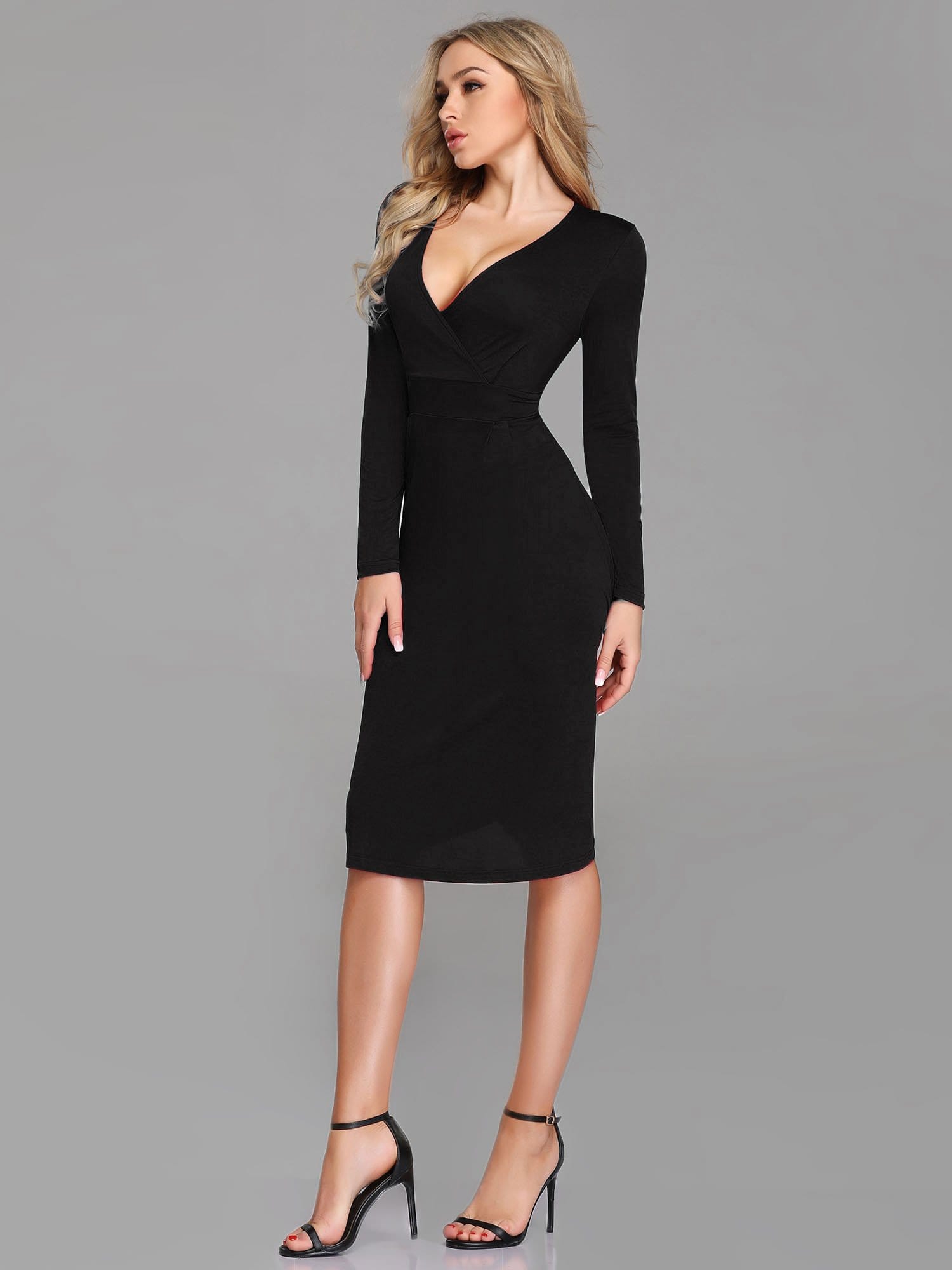 Color=Black | Sexy Deep V Neck Cocktail Party Dress With Long Sleeve-Black 2 Color=Black | Sexy Deep V Neck Cocktail Party Dress With Long Sleeve-Black 2