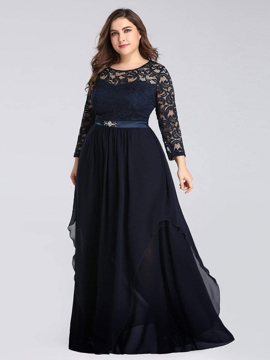 Color=Navy Blue | Round Neck Floor Length Dress With 3/4 Sleeve-Navy Blue 8 Color=Navy Blue | Round Neck Floor Length Dress With 3/4 Sleeve-Navy Blue 8