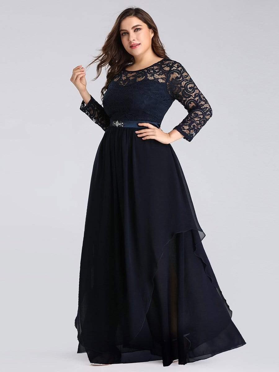 Color=Navy Blue | Round Neck Floor Length Dress With 3/4 Sleeve-Navy Blue 9 Color=Navy Blue | Round Neck Floor Length Dress With 3/4 Sleeve-Navy Blue 9