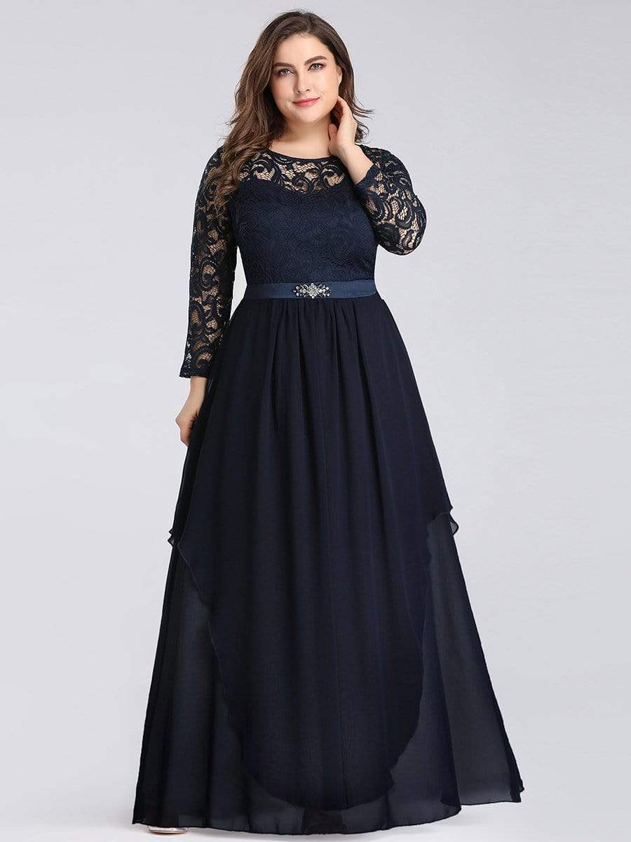 Color=Navy Blue | Round Neck Floor Length Dress With 3/4 Sleeve-Navy Blue 6 Color=Navy Blue | Round Neck Floor Length Dress With 3/4 Sleeve-Navy Blue 6