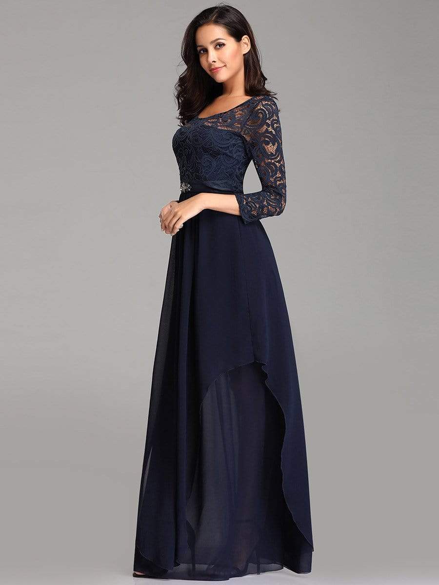 Color=Navy Blue | Round Neck Floor Length Dress With 3/4 Sleeve-Navy Blue 3 Color=Navy Blue | Round Neck Floor Length Dress With 3/4 Sleeve-Navy Blue 3