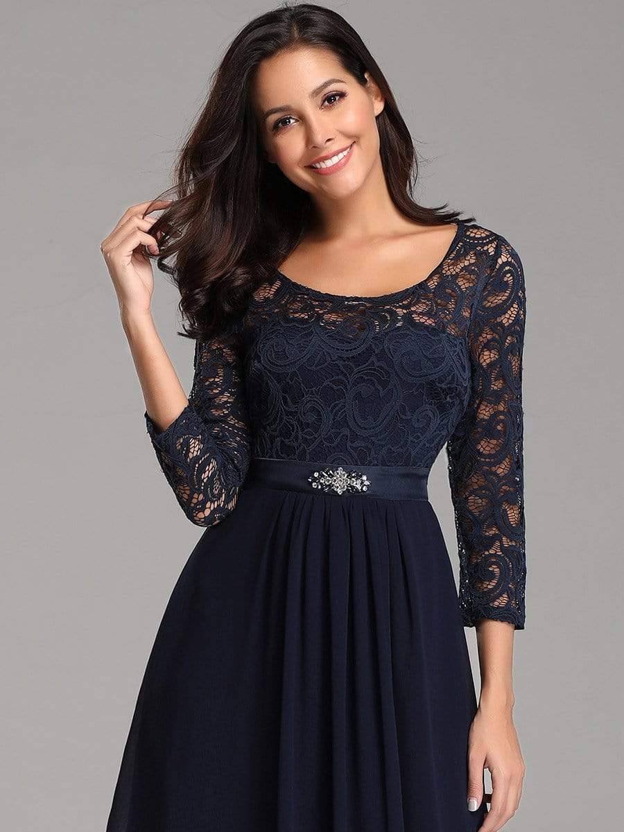 Color=Navy Blue | Round Neck Floor Length Dress With 3/4 Sleeve-Navy Blue 5 Color=Navy Blue | Round Neck Floor Length Dress With 3/4 Sleeve-Navy Blue 5