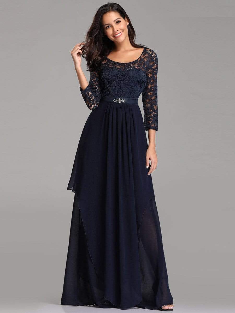 Color=Navy Blue | Round Neck Floor Length Dress With 3/4 Sleeve-Navy Blue 1 Color=Navy Blue | Round Neck Floor Length Dress With 3/4 Sleeve-Navy Blue 1