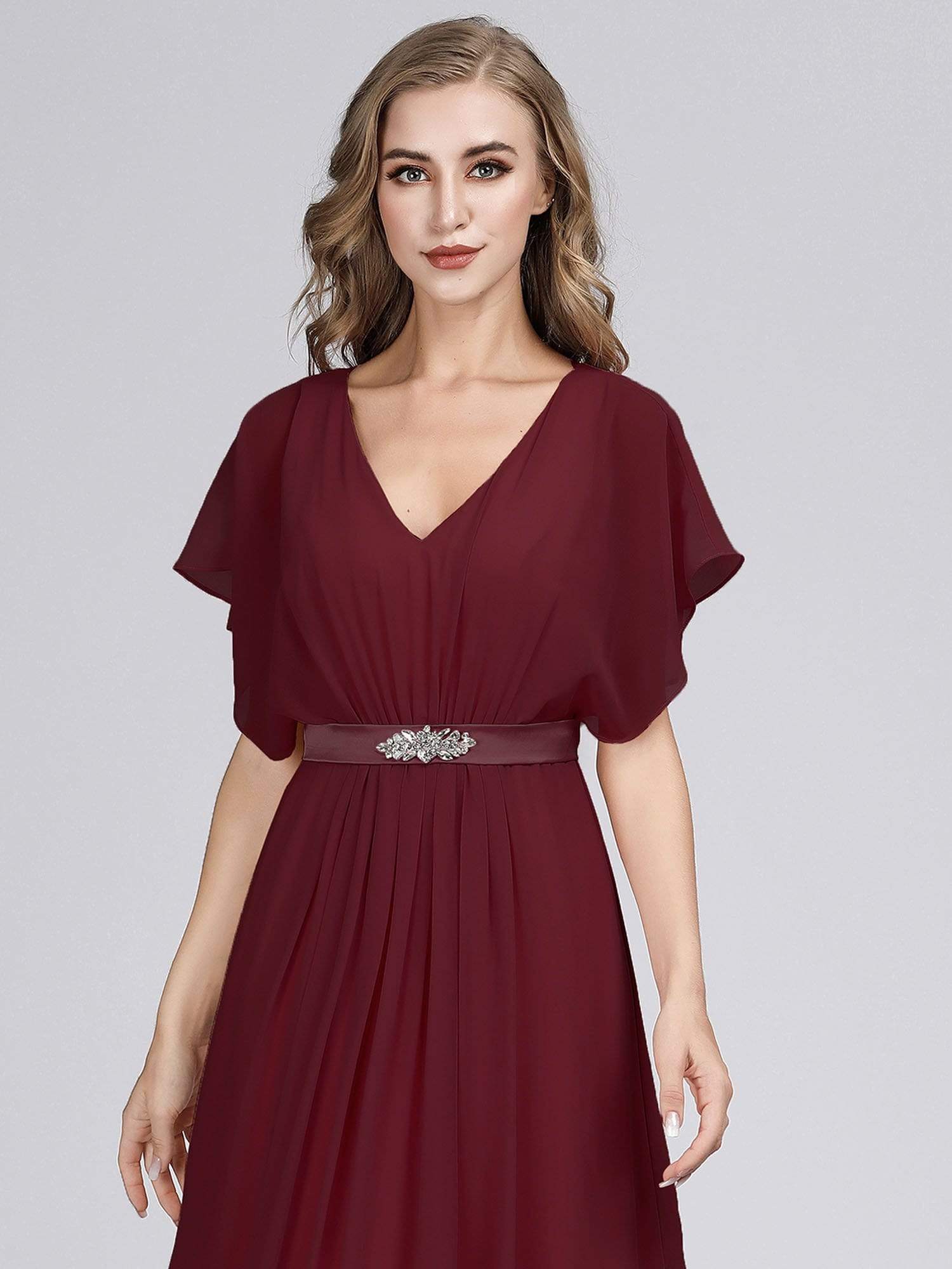 Color=Burgundy | Long Flowy Evening Dress With V Neck-Burgundy 5 Color=Burgundy | Long Flowy Evening Dress With V Neck-Burgundy 5