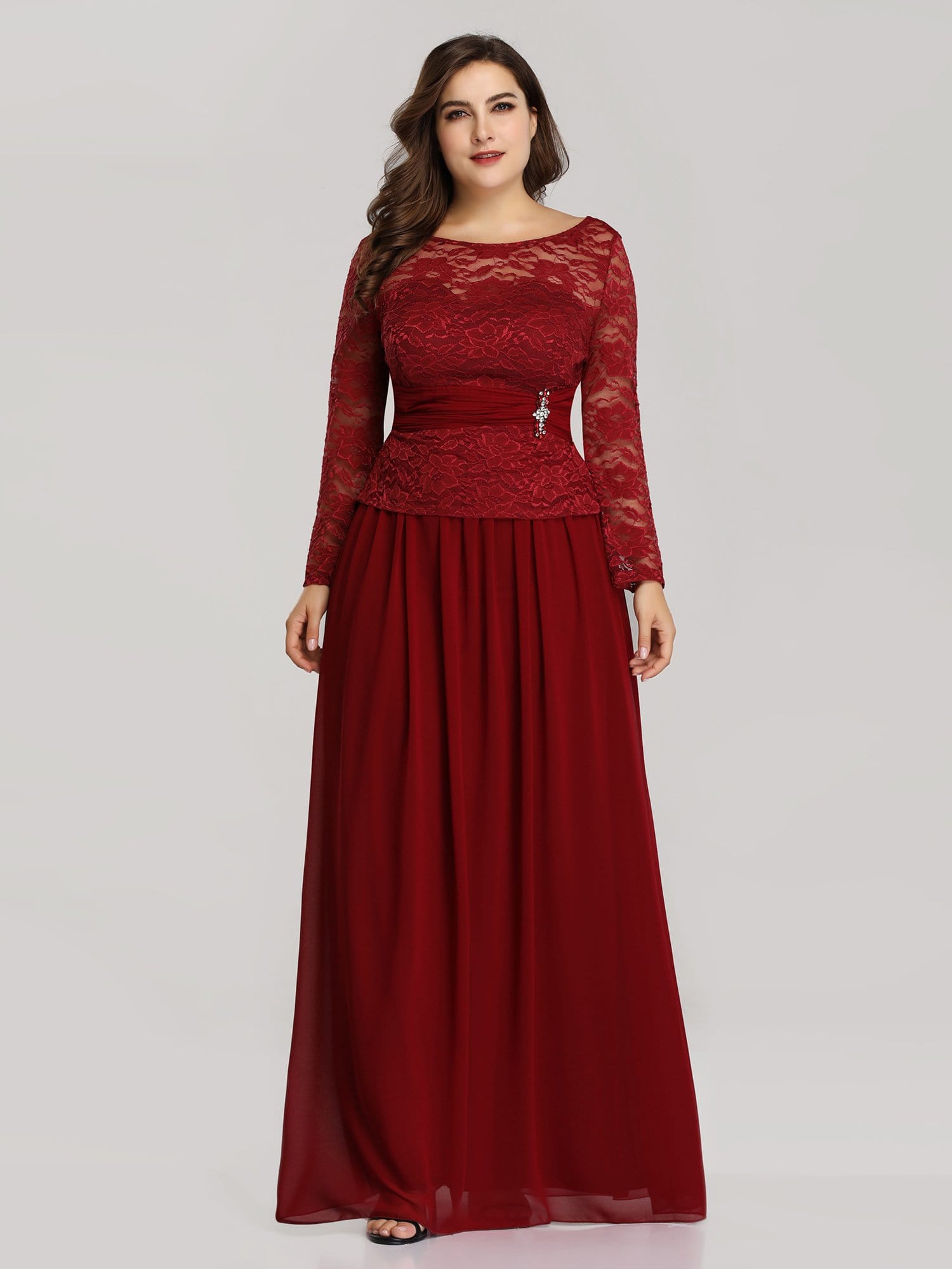 Color=Burgundy | Elegant A Line Long Sleeve Lace Evening Dress For Women-Burgundy 1 Color=Burgundy | Elegant A Line Long Sleeve Lace Evening Dress For Women-Burgundy 1